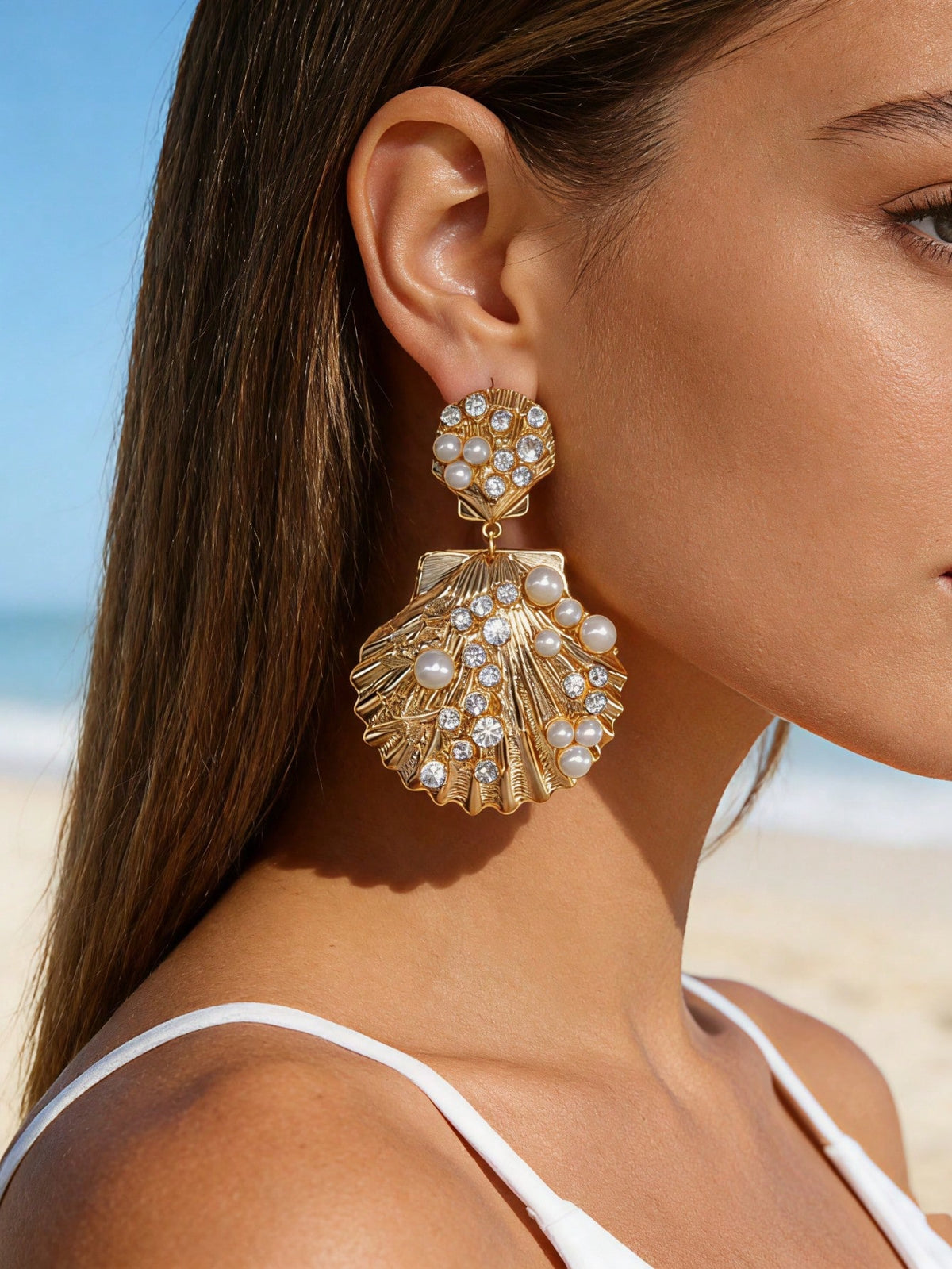 1pc Women's Bohemian Vacation Style Metal Seashell Tassel Earrings, Golden Ocean Faux Pearl Shell Dangle Earrings, Versatile Beach Music Festival Earrings