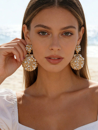1pc Women's Bohemian Vacation Style Metal Seashell Tassel Earrings, Golden Ocean Faux Pearl Shell Dangle Earrings, Versatile Beach Music Festival Earrings