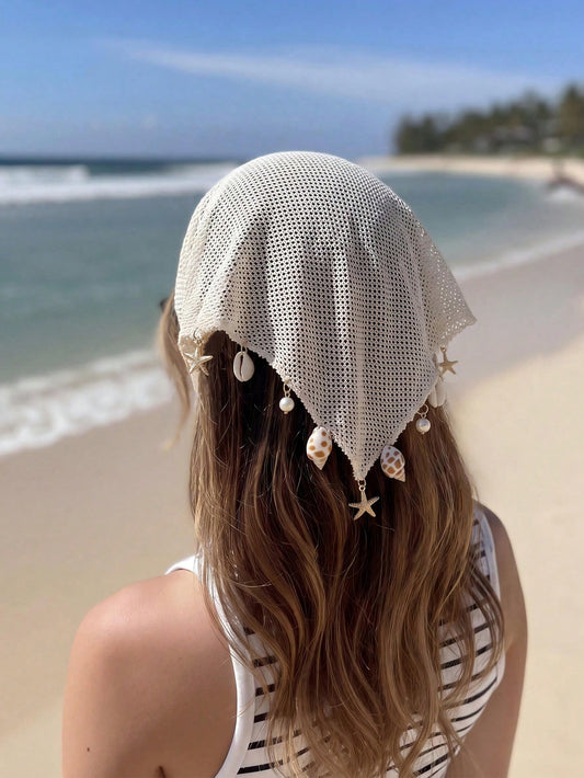 1pc Women's Handmade Embroidered Ruffled Starfish & Shell Decor Headwrap, Suitable For Daily Wear And Vacation Summer Hair Accessories Beach Headband Women Bandanas