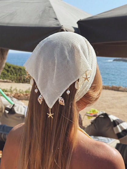1pc Women's Handmade Embroidered Ruffled Starfish & Shell Decor Headwrap, Suitable For Daily Wear And Vacation Summer Hair Accessories Beach Headband Women Bandanas