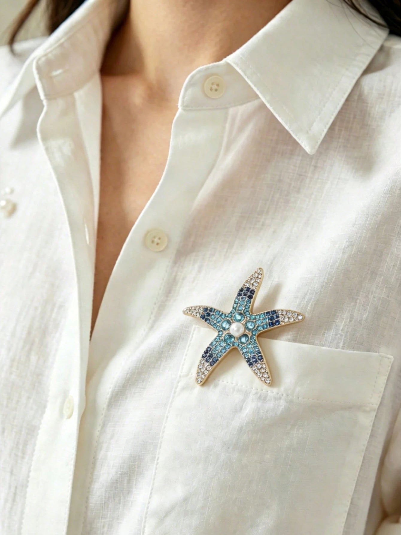 Gold Star Brooch Pin, DIY Blue-Green Crystal Inlaid Brooch, Ocean Beach Themed Jewelry, Elegant Summer Accessory, Father's Day Valentine's Day Birthday Gift For Women And Girls, Suit Lapel Wedding Party Decor