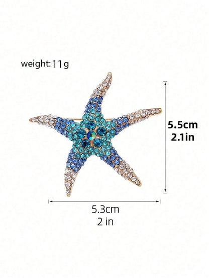 Gold Star Brooch Pin, DIY Blue-Green Crystal Inlaid Brooch, Ocean Beach Themed Jewelry, Elegant Summer Accessory, Father's Day Valentine's Day Birthday Gift For Women And Girls, Suit Lapel Wedding Party Decor