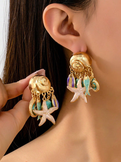 1 Pair Fashion Conch & Starfish Pendant Earrings, Suitable For Women's Party, Gathering, Daily Wear, Beach Vacation, Versatile Gift