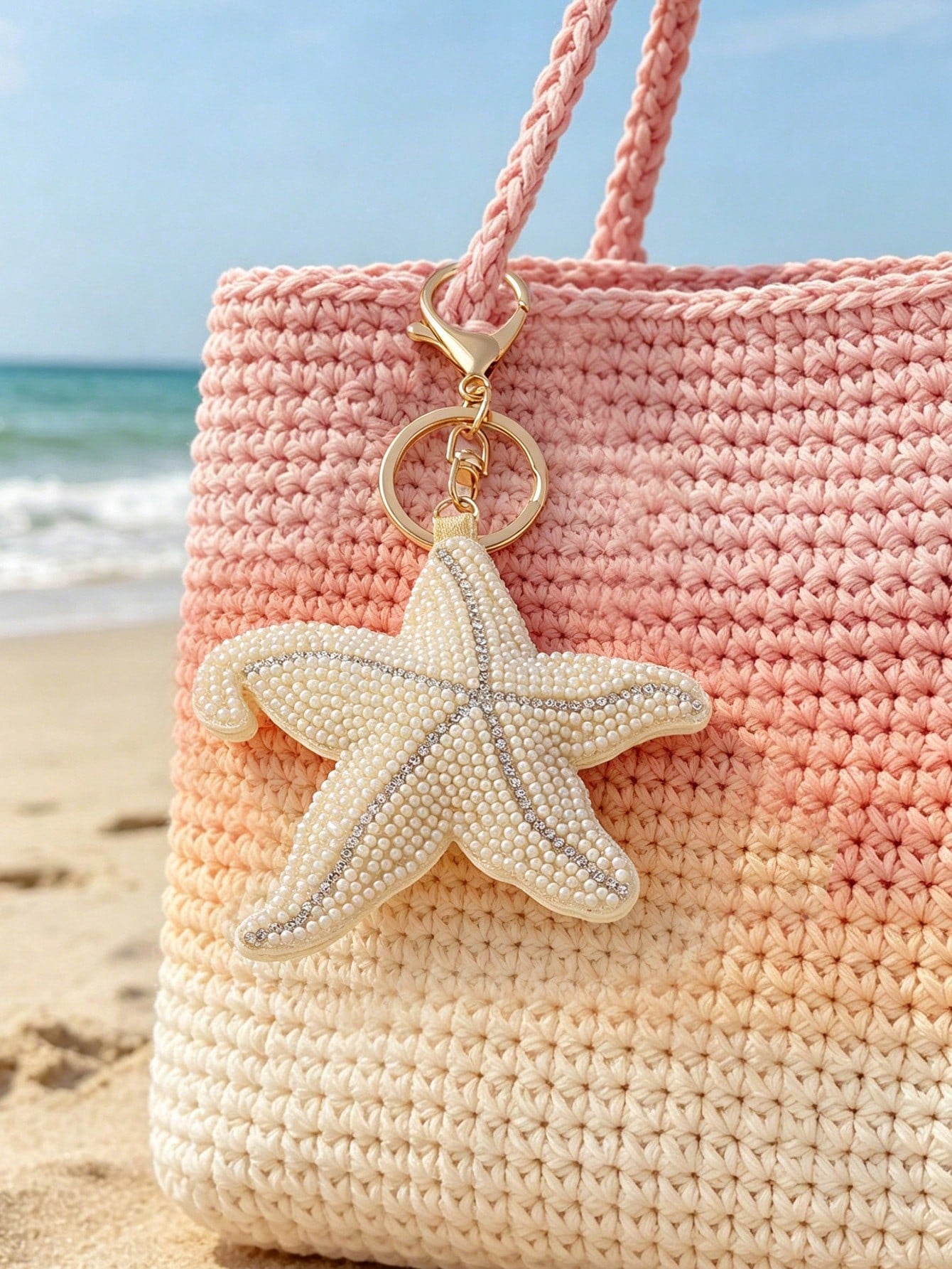 1pc Cute Beaded Starfish Bag Charm, Ocean Style Decoration, Casual Beach Holiday Accessory, Personalized Keychain, Graduation/Travel Gift For Her