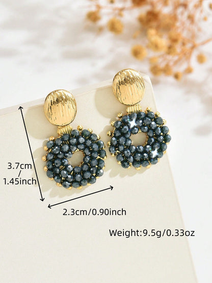 1 Pair Handmade Beaded Hollow Green Geometric Hoop Earrings, Elegant And Versatile Creative Beaded Colorful Geometric Pendant Earrings Suitable For Women's Daily, Vacation, And Party Wear (Handmade Beads Color, Quantity And Position Are Random)