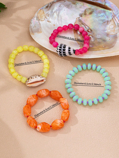 Bohemian Shell Beaded Bracelet Set 4pcs Multi-Color Elastic Stackable