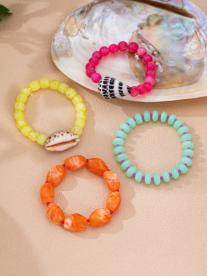 Bohemian Shell Beaded Bracelet Set 4pcs Multi-Color Elastic Stackable