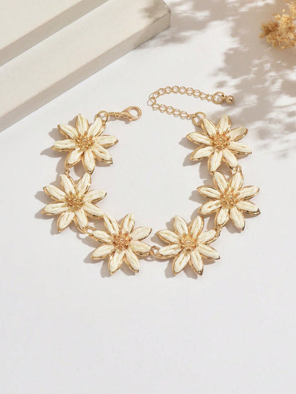 1 pieza Pulsera de flor de 8 pétalos blanca de rafia tejida a mano estilo bohemio de vacaciones de playa y océano, pulsera de patchwork de flor 3D de rafia tejida a mano simple, fresca, dulce y elegante, adecuada para uso diario, vacaciones y banquetes de mujeres (método de tejido de rafia hecho a mano aleatorio)