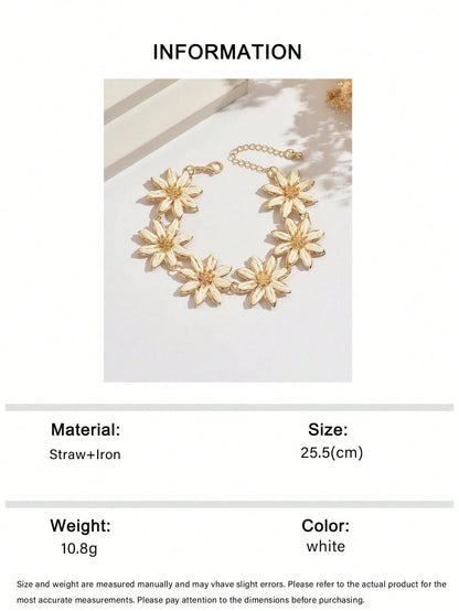 1 pieza Pulsera de flor de 8 pétalos blanca de rafia tejida a mano estilo bohemio de vacaciones de playa y océano, pulsera de patchwork de flor 3D de rafia tejida a mano simple, fresca, dulce y elegante, adecuada para uso diario, vacaciones y banquetes de mujeres (método de tejido de rafia hecho a mano aleatorio)