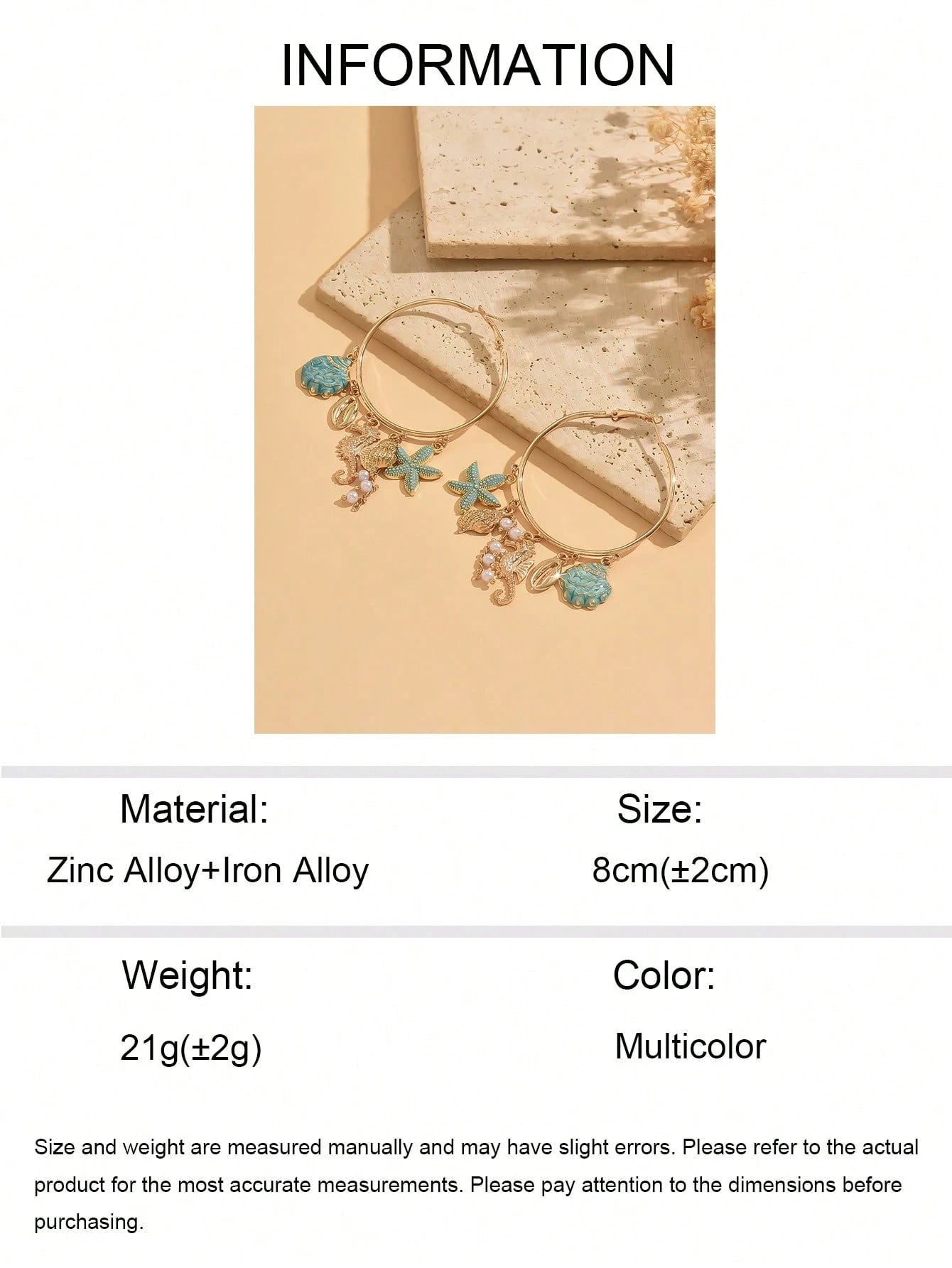 1 par de pendientes de aro grandes estilo océano para vacaciones en la playa, pendientes de mujer con decoración de múltiples colgantes de concha, caballito de mar y estrella de mar con efecto de goteo de aceite azul, adecuados para uso diario, vacaciones de verano, fiesta en la playa y festival de música