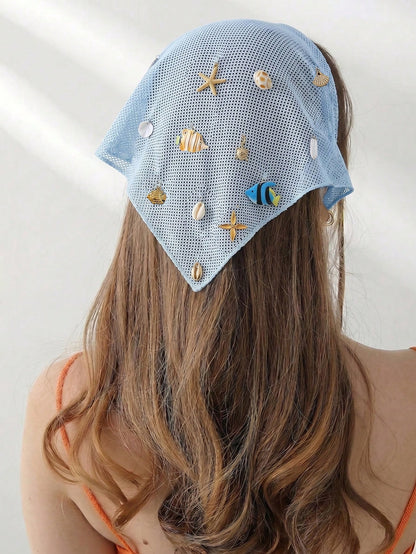 1pc Original Floral Pattern Women's Embroidered Rolled Edge Starfish Seashell Fish Faux Pearl Decor Headwrap Hair Band Suitable For Daily And Vacation Use Summer Hair Accessories Beach Scarf Vacay Women Bandanas