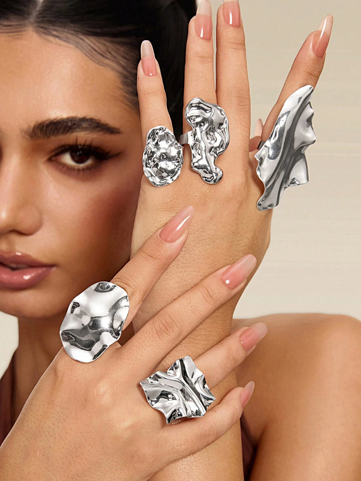 Altistry 5pcs Set Silver Abstract Crinkle Metal Personalized Rings, Women's Thick Rings Jewelry, Stackable Rings