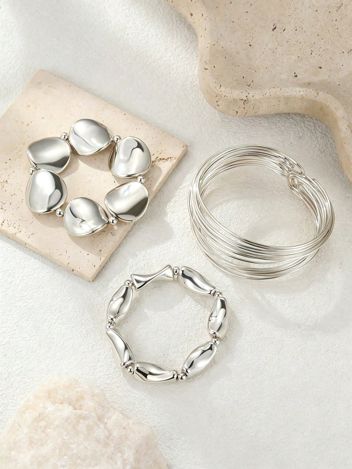 3pcs Fashionable Personalized Exaggerated Style Asymmetrical Shaped Women's Bracelet, Geometric Bracelet Set Suitable For Daily Wear, Party Wear, Gift Jewelry (2 Bracelets Are Plastic Material)