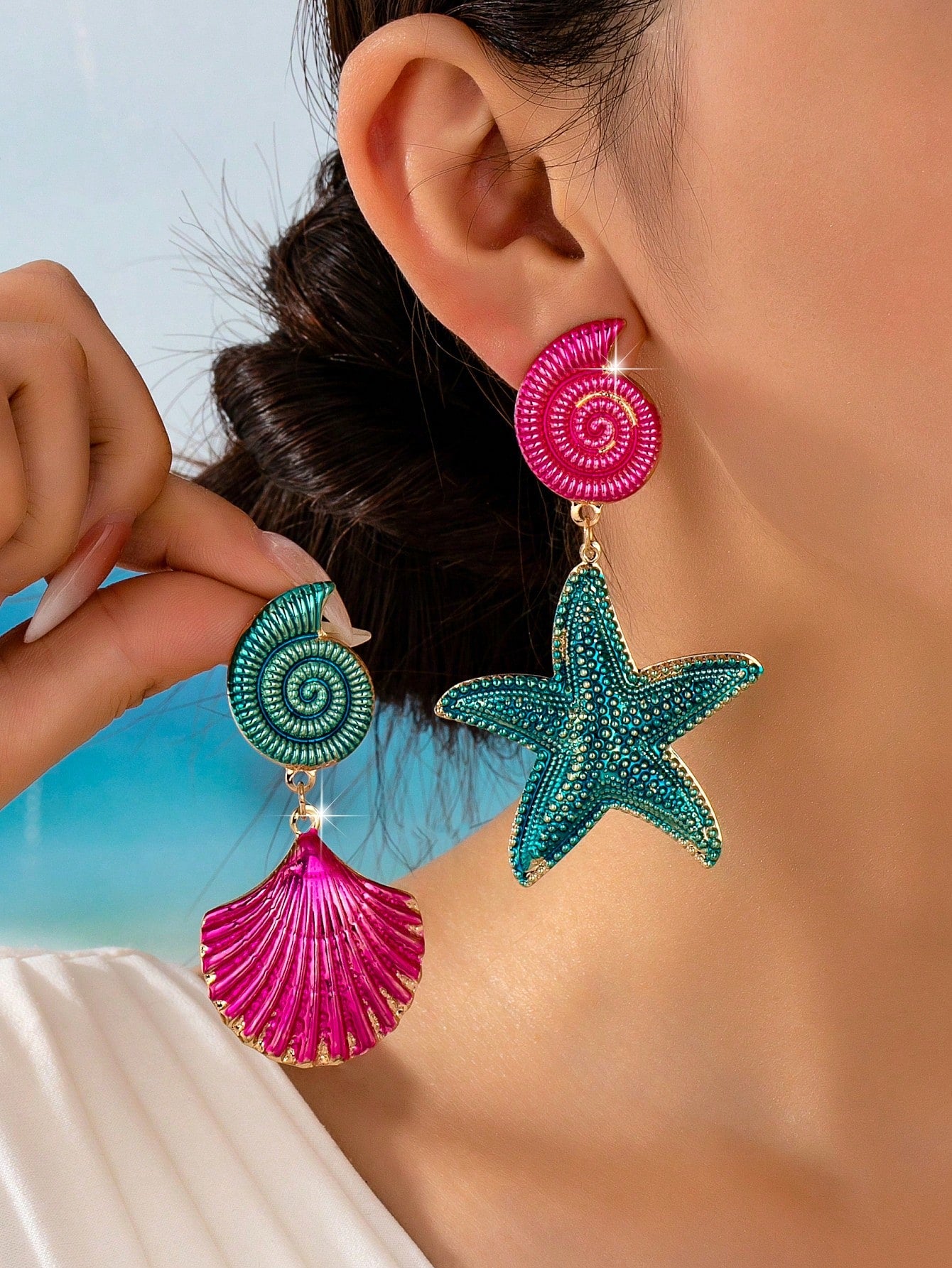 1 Pair Ocean Style Starfish & Shell Fashion Stud Earrings For Women, Suitable For Beach Vacation, Party, Banquet, Daily Wear