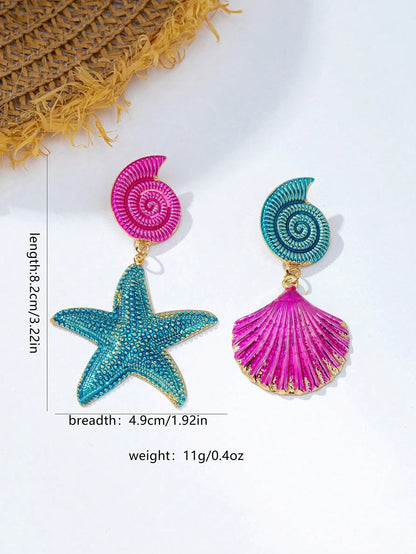 1 Pair Ocean Style Starfish & Shell Fashion Stud Earrings For Women, Suitable For Beach Vacation, Party, Banquet, Daily Wear