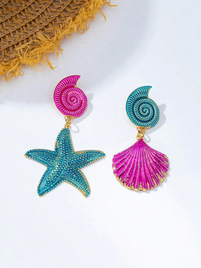 1 Pair Ocean Style Starfish & Shell Fashion Stud Earrings For Women, Suitable For Beach Vacation, Party, Banquet, Daily Wear