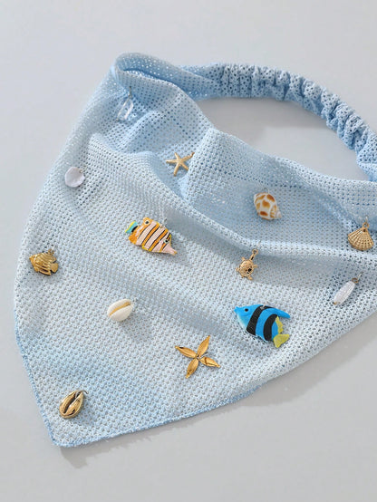1pc Original Floral Pattern Women's Embroidered Rolled Edge Starfish Seashell Fish Faux Pearl Decor Headwrap Hair Band Suitable For Daily And Vacation Use Summer Hair Accessories Beach Scarf Vacay Women Bandanas