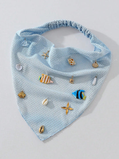 1pc Original Floral Pattern Women's Embroidered Rolled Edge Starfish Seashell Fish Faux Pearl Decor Headwrap Hair Band Suitable For Daily And Vacation Use Summer Hair Accessories Beach Scarf Vacay Women Bandanas