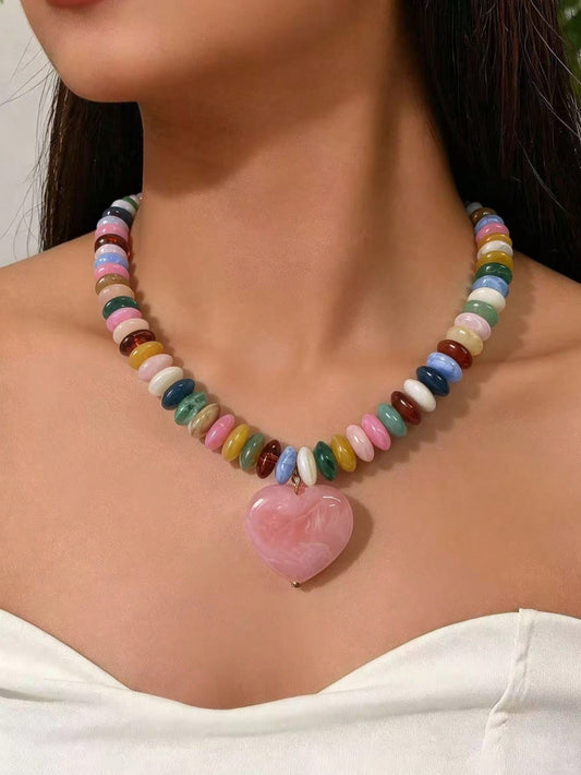 1 pieza Cadena de cuentas de plástico multicolor con forma de corazón elegante y de moda personalizada y otros estilos, adecuada para uso diario, vacaciones, fiestas, combinación de atuendos sexys, Día de San Valentín, Día de la Madre y otros regalos festivos, el color del patrón de cada cuenta de plástico es aleatorio, habrá un puerto de alimentación de molde de inyección en la parte inferior, por favor comprenda