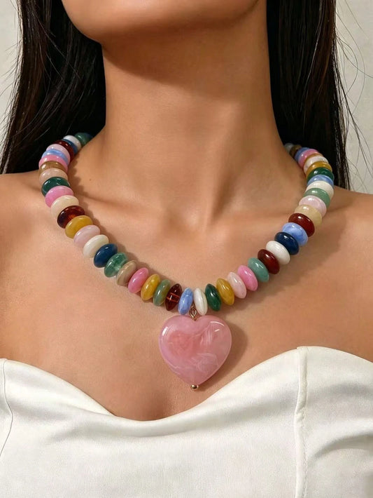 1 pieza Cadena de cuentas de plástico multicolor con forma de corazón elegante y de moda personalizada y otros estilos, adecuada para uso diario, vacaciones, fiestas, combinación de atuendos sexys, Día de San Valentín, Día de la Madre y otros regalos festivos, el color del patrón de cada cuenta de plástico es aleatorio, habrá un puerto de alimentación de molde de inyección en la parte inferior, por favor comprenda