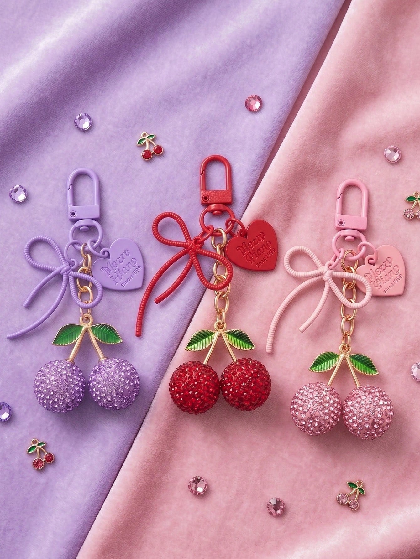 Vintage Red Rhinestone Cherry Key Chain, Bow & Heart Dual Pendant, Sweet Girl Style Bag Charm, Car Key Chain, Unique Delicate Gift For Best Friend Gifts For Mother, Father, Graduation, And Teacher