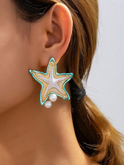 1 Pair Metal Enamel Starfish & Shell Pendant With Rhinestones, Suitable For Women's Beach Vacation, Party And Daily Wear