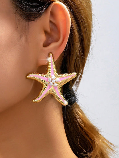1 Pair Metal Enamel Starfish & Shell Pendant With Rhinestones, Suitable For Women's Beach Vacation, Party And Daily Wear