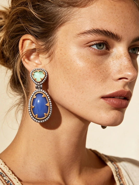 1 par de pendientes colgantes vintage de resina con strass y diseño geométrico en colores contrastantes, textura de metal desgastado de lujo, pendientes elegantes y versátiles para mujer