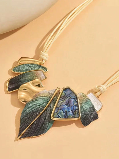 Leaf Spliced PU Leather Rope Necklace, Vintage Style, Suitable For Women's Vacation And Travel, Creating An Atmospheric Outfit