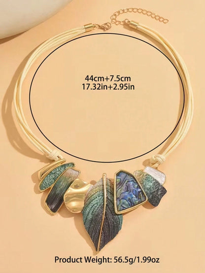 Leaf Spliced PU Leather Rope Necklace, Vintage Style, Suitable For Women's Vacation And Travel, Creating An Atmospheric Outfit
