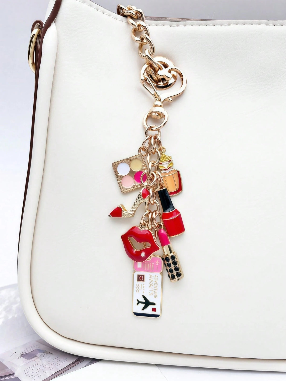1pc/1set, Travel Holiday Style Women's Keychain Pendant, Fashionable Women's Bag Charm, Lucky Makeup Bottle Accessory, Exquisite Airplane Ticket Pendant, Pink High Heel Shoes Boots, One Shoulder Bag Charm, Wallet Accessory, Heart-Shaped Spring Clip, Car Key Chain Pendant, Room Decor, Suitable As A Gift For Partner, Mother, Sister Or Any Woman And Daily Accessory