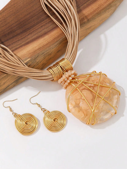 Handmade Exaggerated Multi-Layer Aluminum Wire Artificial Crystal Wax Line Resin Woven European And American Bohemian Grant Retro Glamorous Evening Party Banquet Sea Blue Wind Korean Style Holiday Casual Necklace Earrings