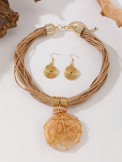 Handmade Exaggerated Multi-Layer Aluminum Wire Artificial Crystal Wax Line Resin Woven European And American Bohemian Grant Retro Glamorous Evening Party Banquet Sea Blue Wind Korean Style Holiday Casual Necklace Earrings