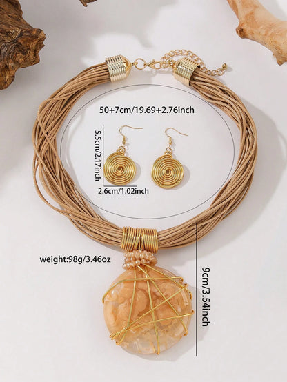Handmade Exaggerated Multi-Layer Aluminum Wire Artificial Crystal Wax Line Resin Woven European And American Bohemian Grant Retro Glamorous Evening Party Banquet Sea Blue Wind Korean Style Holiday Casual Necklace Earrings