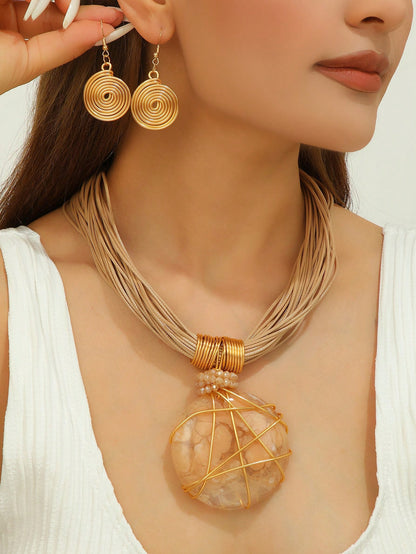 Handmade Exaggerated Multi-Layer Aluminum Wire Artificial Crystal Wax Line Resin Woven European And American Bohemian Grant Retro Glamorous Evening Party Banquet Sea Blue Wind Korean Style Holiday Casual Necklace Earrings