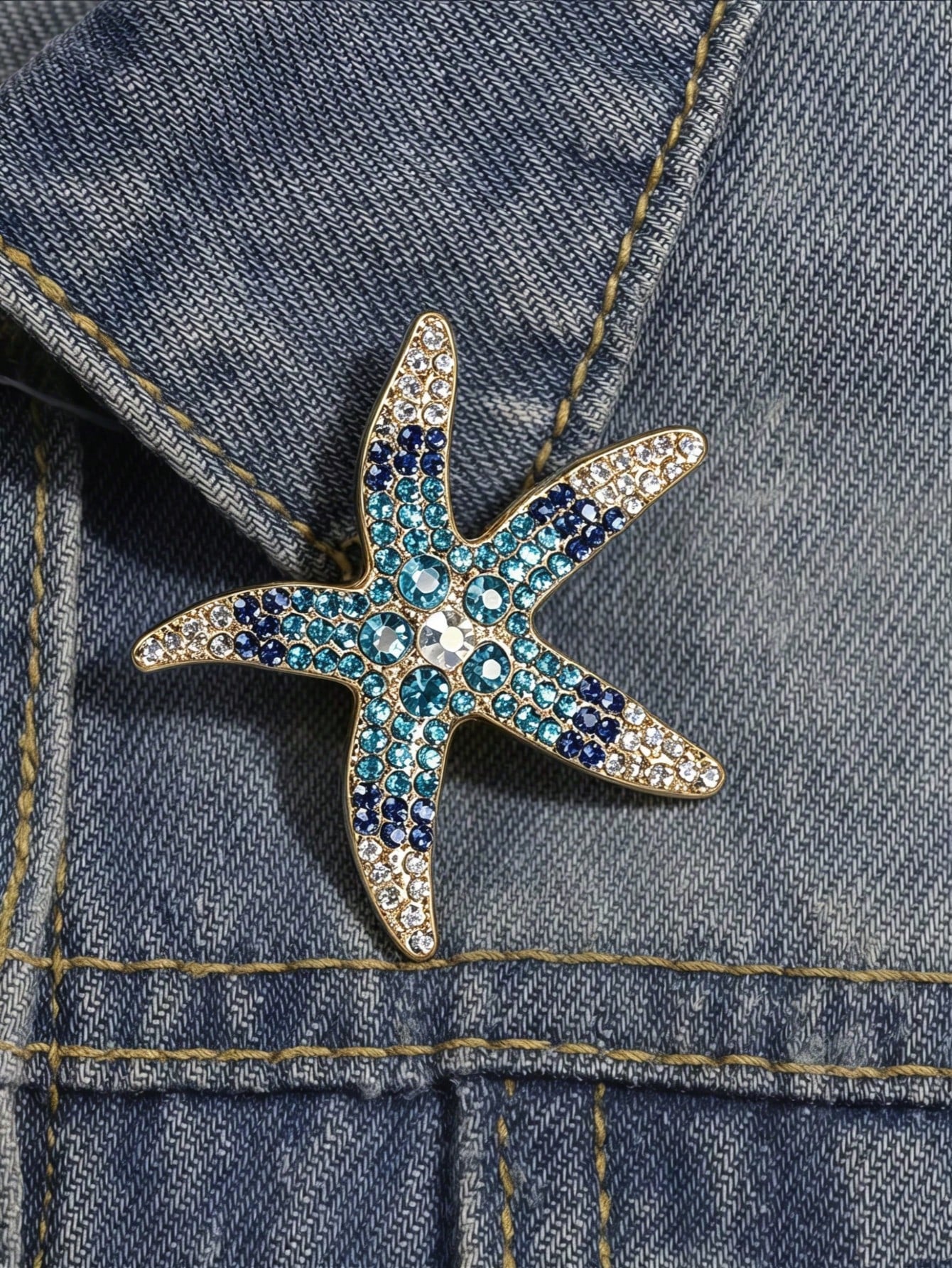 Gold Star Brooch Pin, DIY Blue-Green Crystal Inlaid Brooch, Ocean Beach Themed Jewelry, Elegant Summer Accessory, Father's Day Valentine's Day Birthday Gift For Women And Girls, Suit Lapel Wedding Party Decor