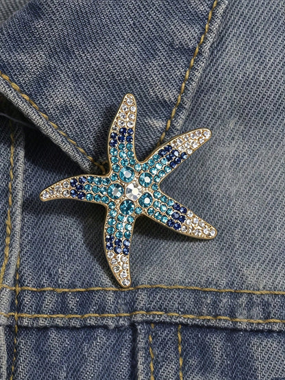 Gold Star Brooch Pin, DIY Blue-Green Crystal Inlaid Brooch, Ocean Beach Themed Jewelry, Elegant Summer Accessory, Father's Day Valentine's Day Birthday Gift For Women And Girls, Suit Lapel Wedding Party Decor