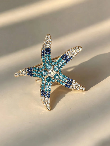 Gold Star Brooch Pin, DIY Blue-Green Crystal Inlaid Brooch, Ocean Beach Themed Jewelry, Elegant Summer Accessory, Father's Day Valentine's Day Birthday Gift For Women And Girls, Suit Lapel Wedding Party Decor