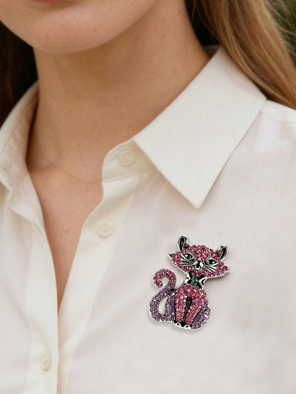 1PC Vintage Cat Brooch, Pink Purple Crystal Kitty Pin Enamel Pins Fashion LapeClothes Jewelry Bag Pins Graduation Gift