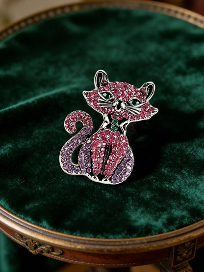 1PC Vintage Cat Brooch, Pink Purple Crystal Kitty Pin Enamel Pins Fashion LapeClothes Jewelry Bag Pins Graduation Gift