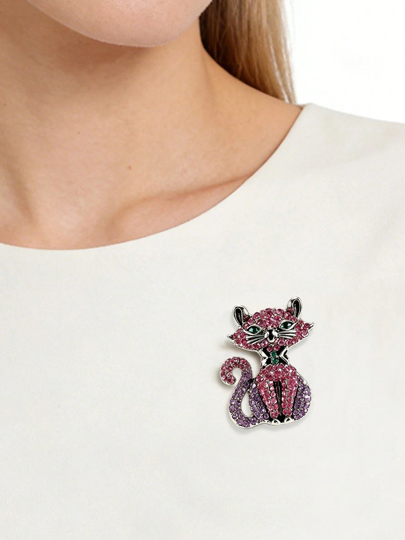1PC Vintage Cat Brooch, Pink Purple Crystal Kitty Pin Enamel Pins Fashion LapeClothes Jewelry Bag Pins Graduation Gift