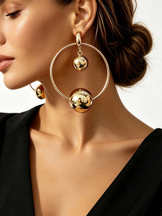 1 Pair Women's Vintage European & American Style Gold Large Hollow Hoop Earrings With Dual-Size Solid Ball Dangle, Wide Open Hoop Frame With 2 Ball Pendants, Suitable For Party, Vacation, Banquet