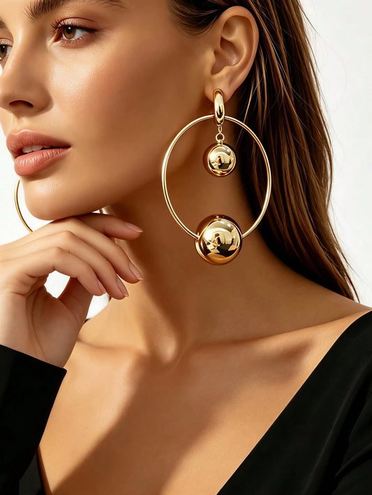 1 Pair Women's Vintage European & American Style Gold Large Hollow Hoop Earrings With Dual-Size Solid Ball Dangle, Wide Open Hoop Frame With 2 Ball Pendants, Suitable For Party, Vacation, Banquet