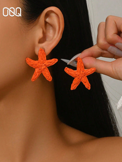 OOQ 1 Pair Oversized Starfish Earrings, Bohemian Beach Style, Handwoven Raffia Starfish Earrings, Suitable For Women's Daily, Party And Holiday Wear (Handmade, Weaving Direction Random)