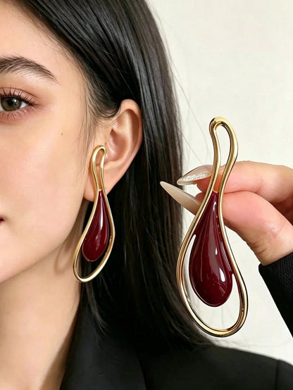 1 par de pendientes de botón asimétricos geométricos exagerados con gota de aceite color borgoña, estilo europeo y americano