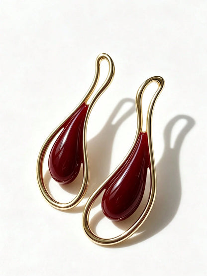 1 par de pendientes de botón asimétricos geométricos exagerados con gota de aceite color borgoña, estilo europeo y americano
