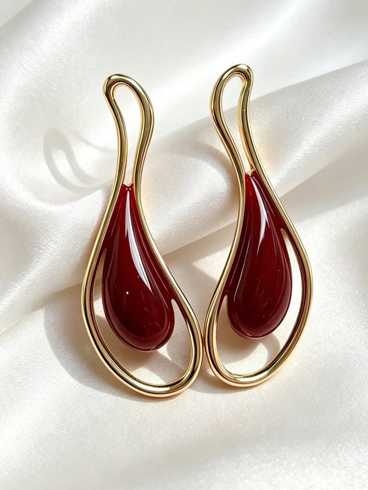 1 par de pendientes de botón asimétricos geométricos exagerados con gota de aceite color borgoña, estilo europeo y americano
