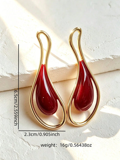 1 par de pendientes de botón asimétricos geométricos exagerados con gota de aceite color borgoña, estilo europeo y americano