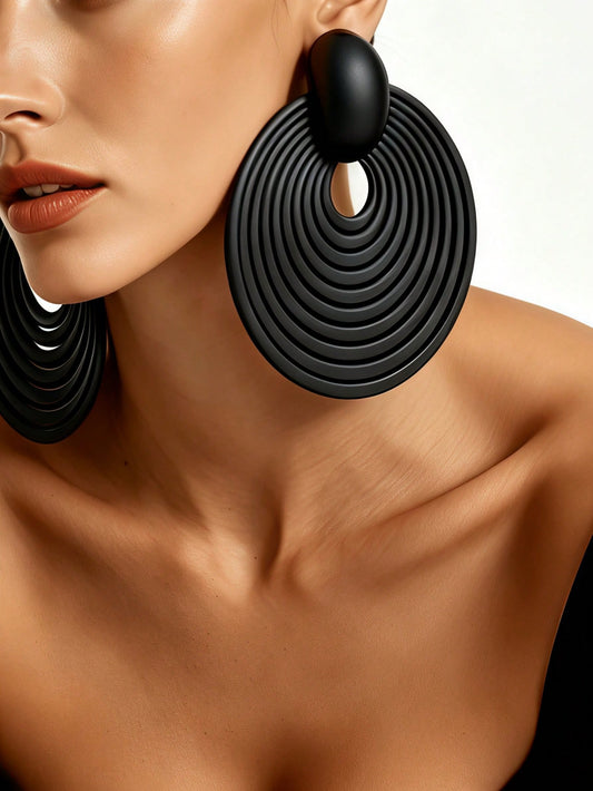 1 par de pendientes colgantes para mujer de estilo vintage exagerado europeo & americano, color negro, con círculos concéntricos multicapa, disco grande, anillo radial texturizado con surcos en espiral, para fiesta, vacaciones y banquete