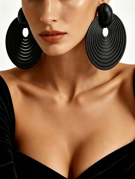 1 par de pendientes colgantes para mujer de estilo vintage exagerado europeo & americano, color negro, con círculos concéntricos multicapa, disco grande, anillo radial texturizado con surcos en espiral, para fiesta, vacaciones y banquete